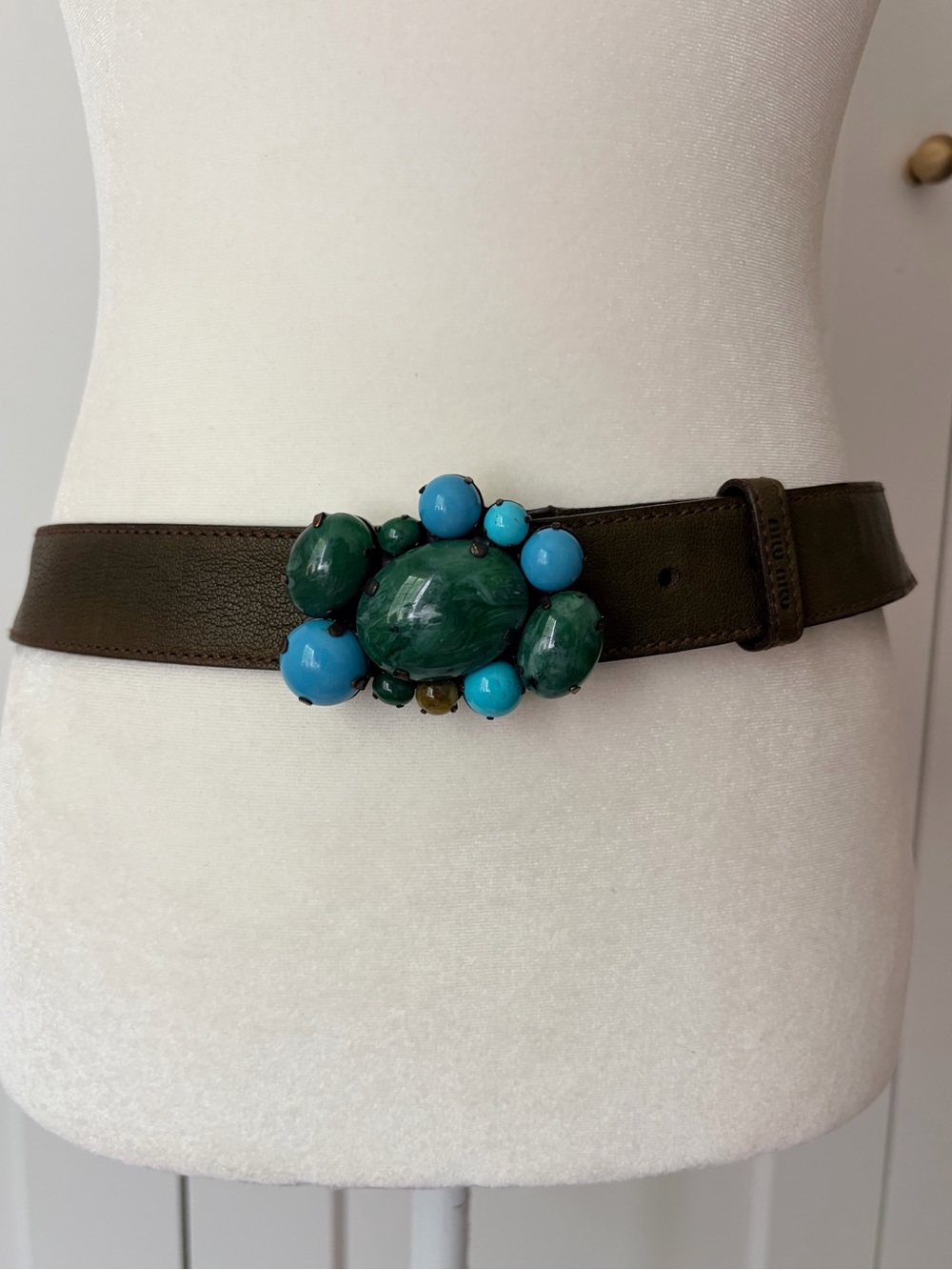 Miu Miu Dark Green Leather Belt with Green and Turquoise Bead Buckle | M